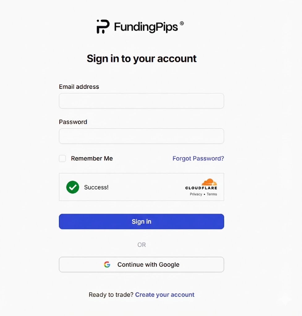 Funding Pips login page displaying secure sign in fields for funding pips trader login